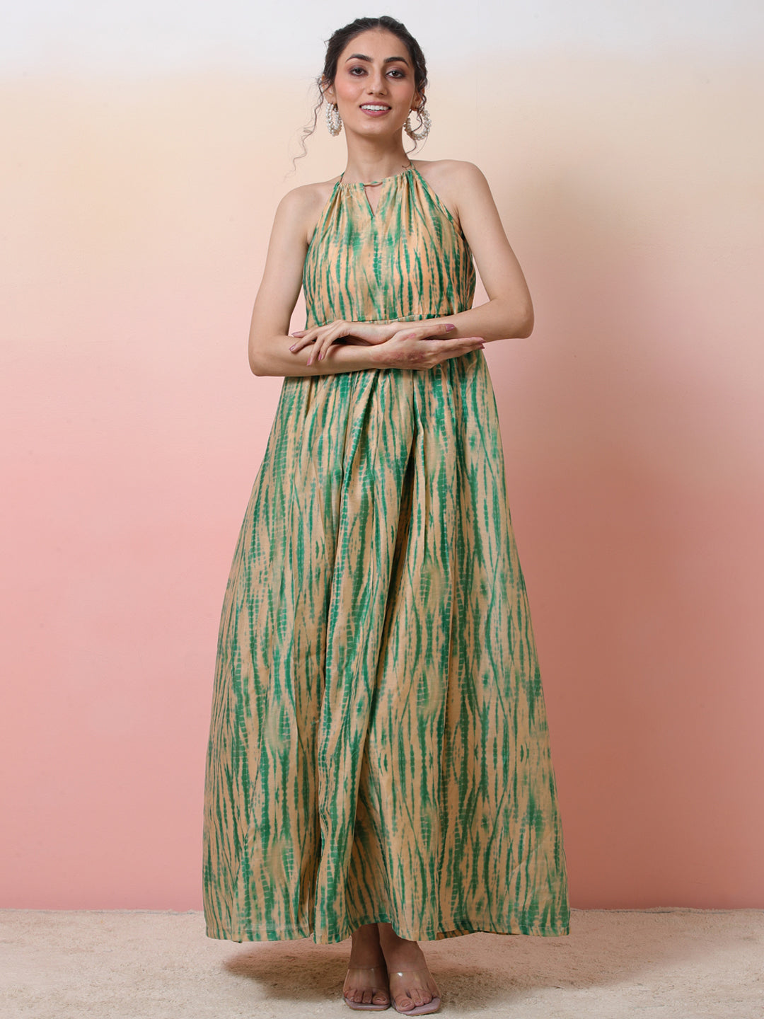 Cream & Green Shibori Print Flared Maxi Dress