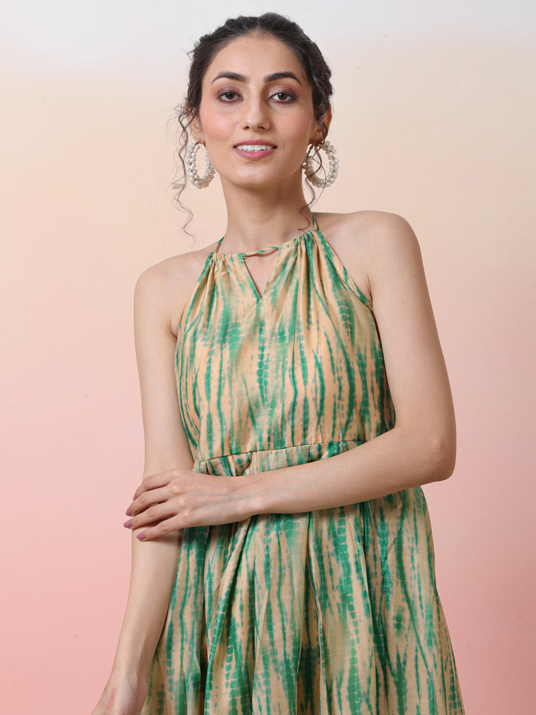 Cream & Green Shibori Print Flared Maxi Dress