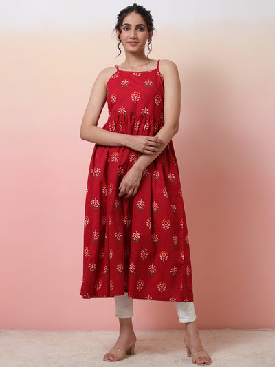 Red Floral Print Sleeveless Dress