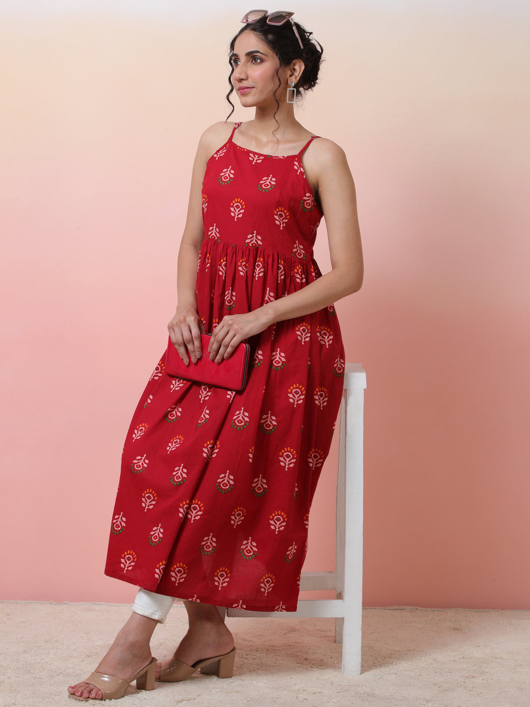 Red Floral Print Sleeveless Dress