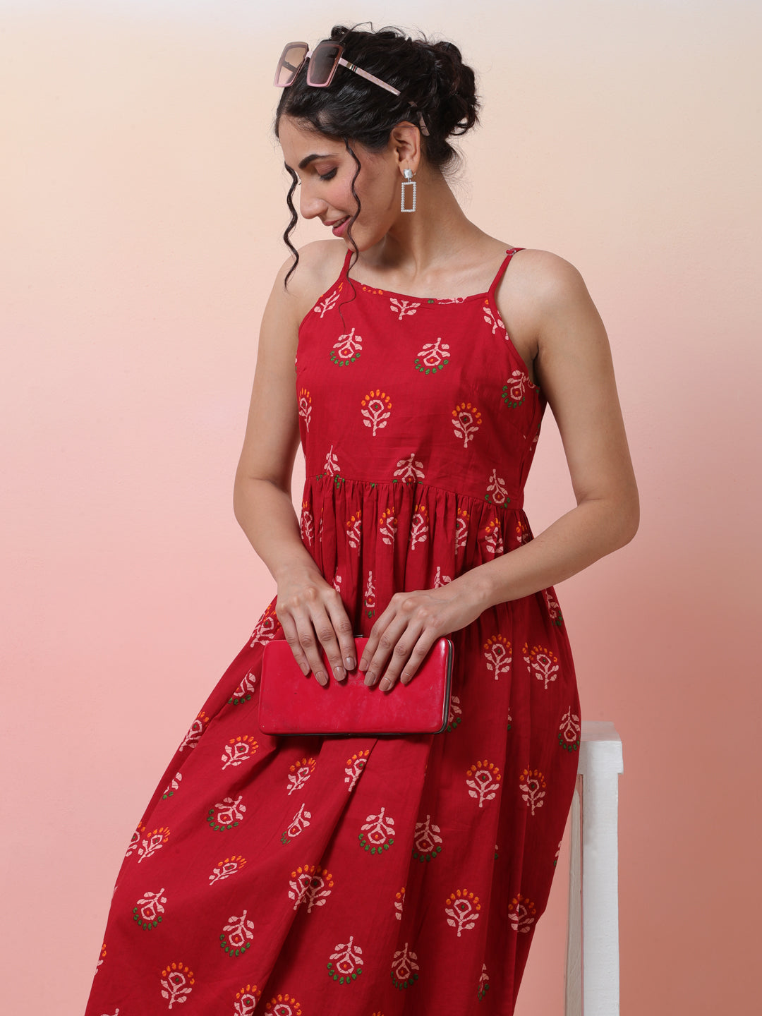 Red Floral Print Sleeveless Dress