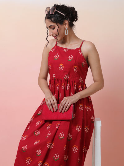 Red Floral Print Sleeveless Dress