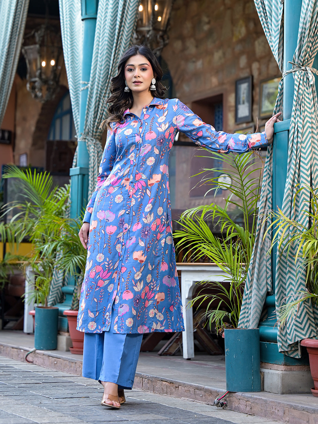 Sky Blue rayon Button Down Kurta Set