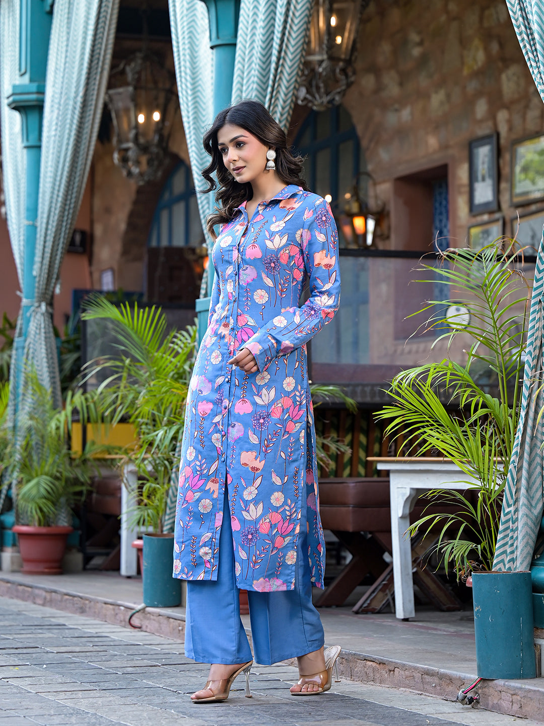 Sky Blue rayon Button Down Kurta Set