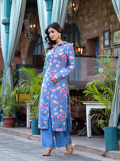 Sky Blue rayon Button Down Kurta Set