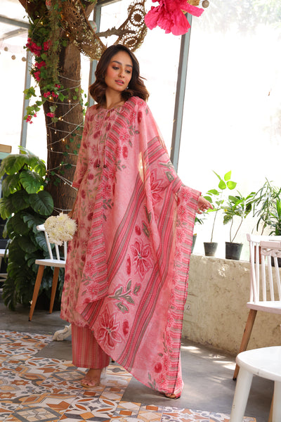 Blush Pink Kurta Set With Kota Doria Dupatta