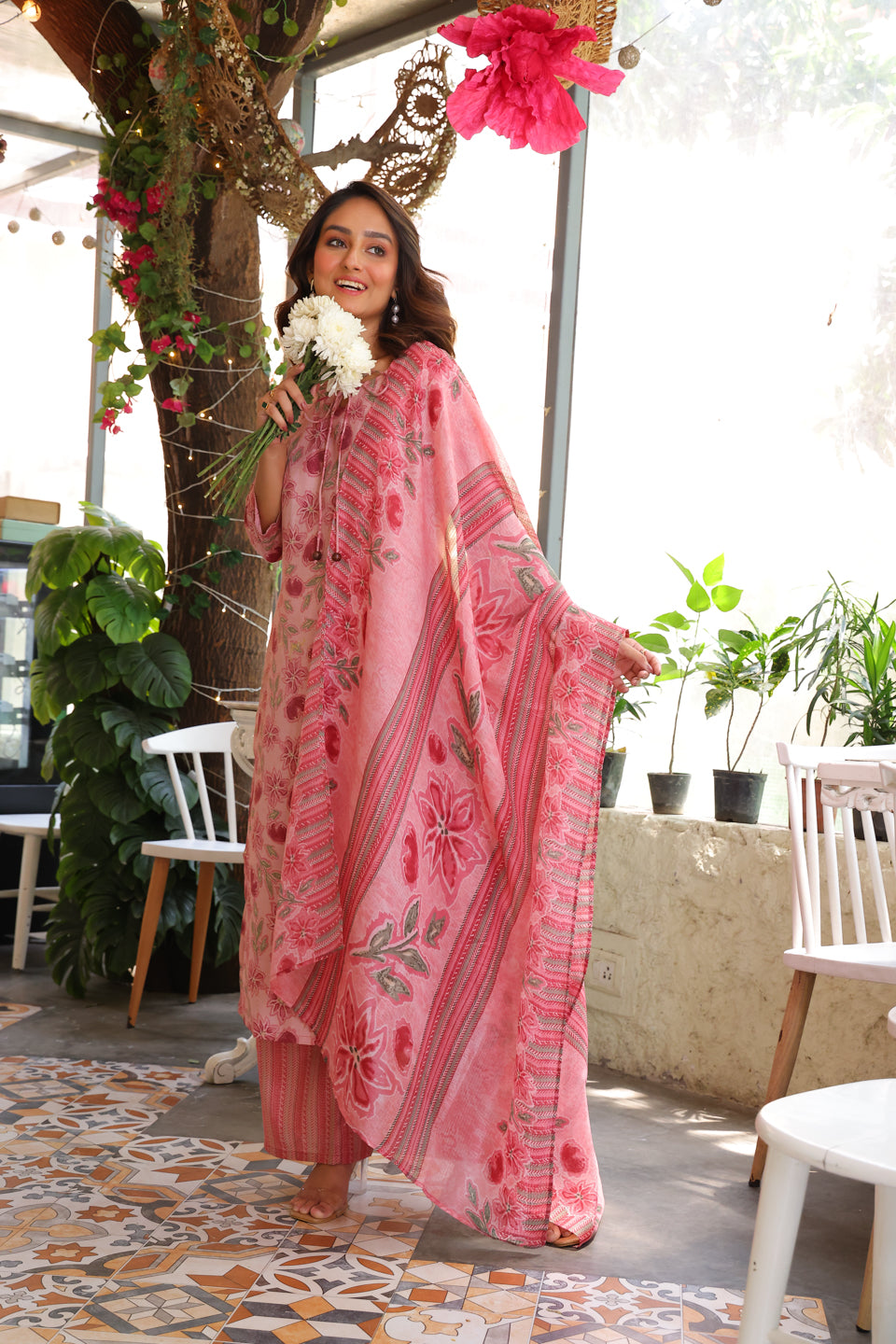 Blush Pink Kurta Set With Kota Doria Dupatta