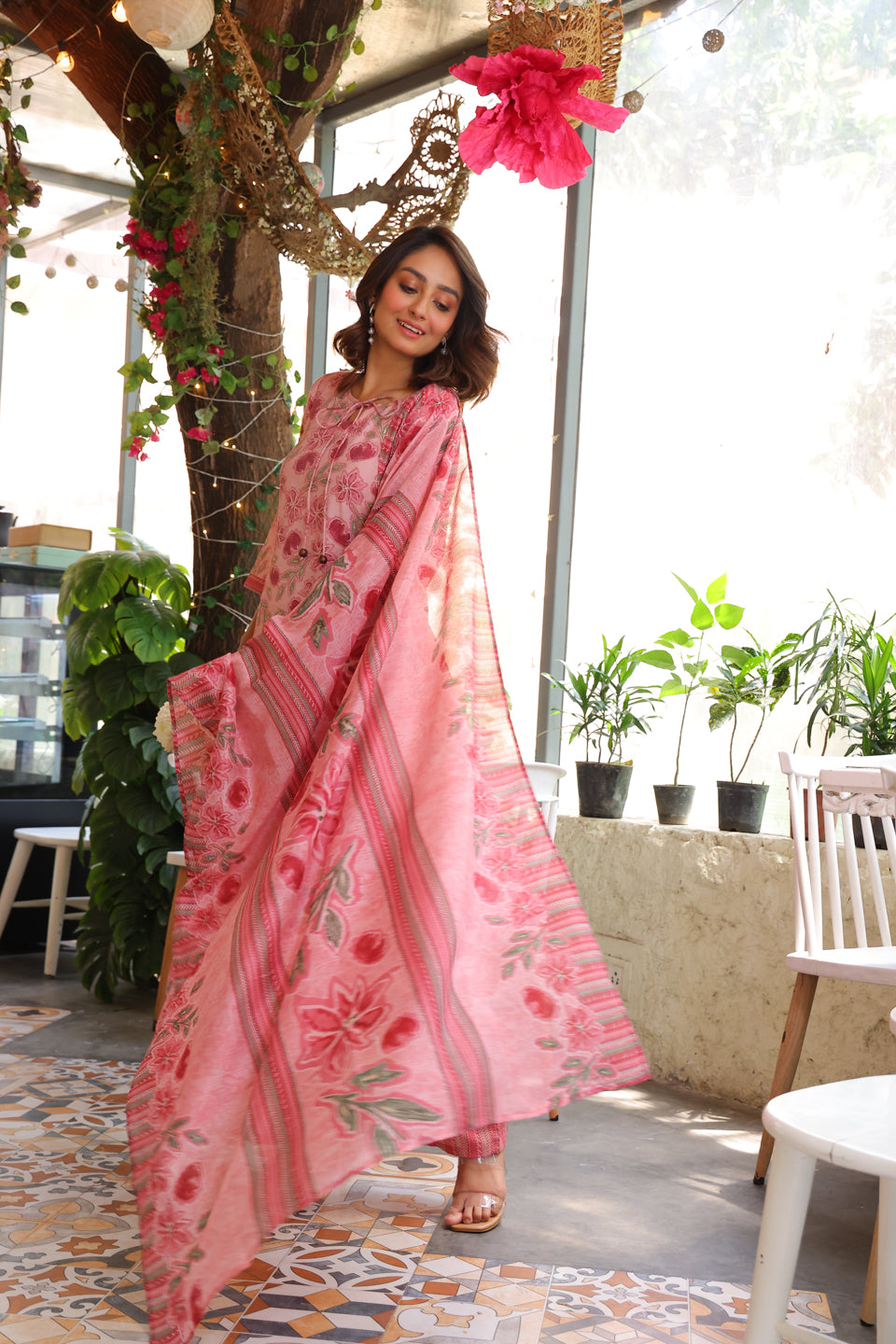 Blush Pink Kurta Set With Kota Doria Dupatta