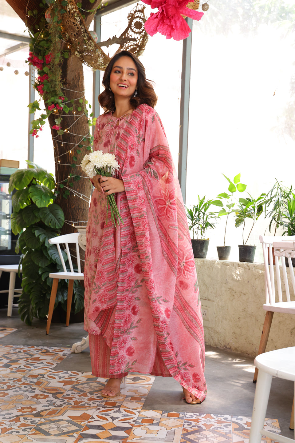 Blush Pink Kurta Set With Kota Doria Dupatta