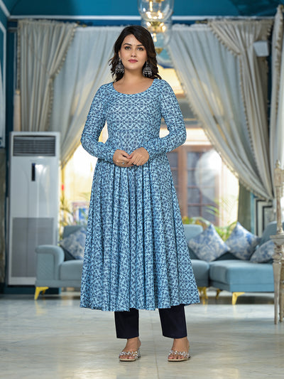 Icy Blue Mughal print Muslin Anarkali Suit with printed dupatta