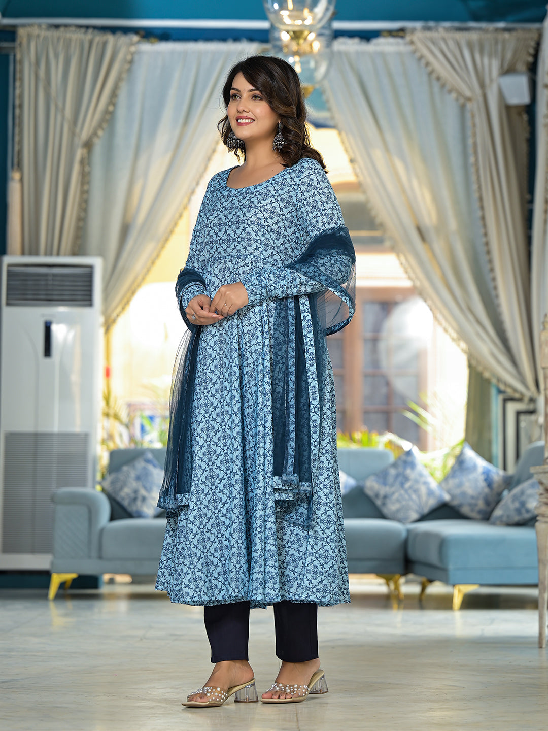 Icy Blue Mughal print Muslin Anarkali Suit with printed dupatta