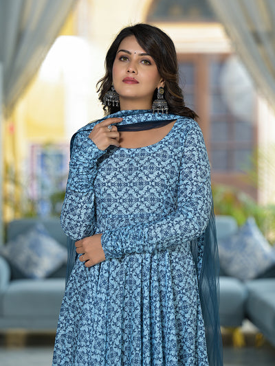 Icy Blue Mughal print Muslin Anarkali Suit with printed dupatta