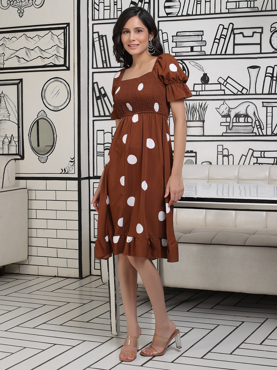 Brown Polka Dor Tiered Dress