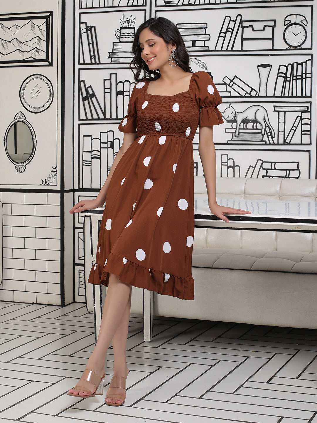 Brown Polka Dor Tiered Dress