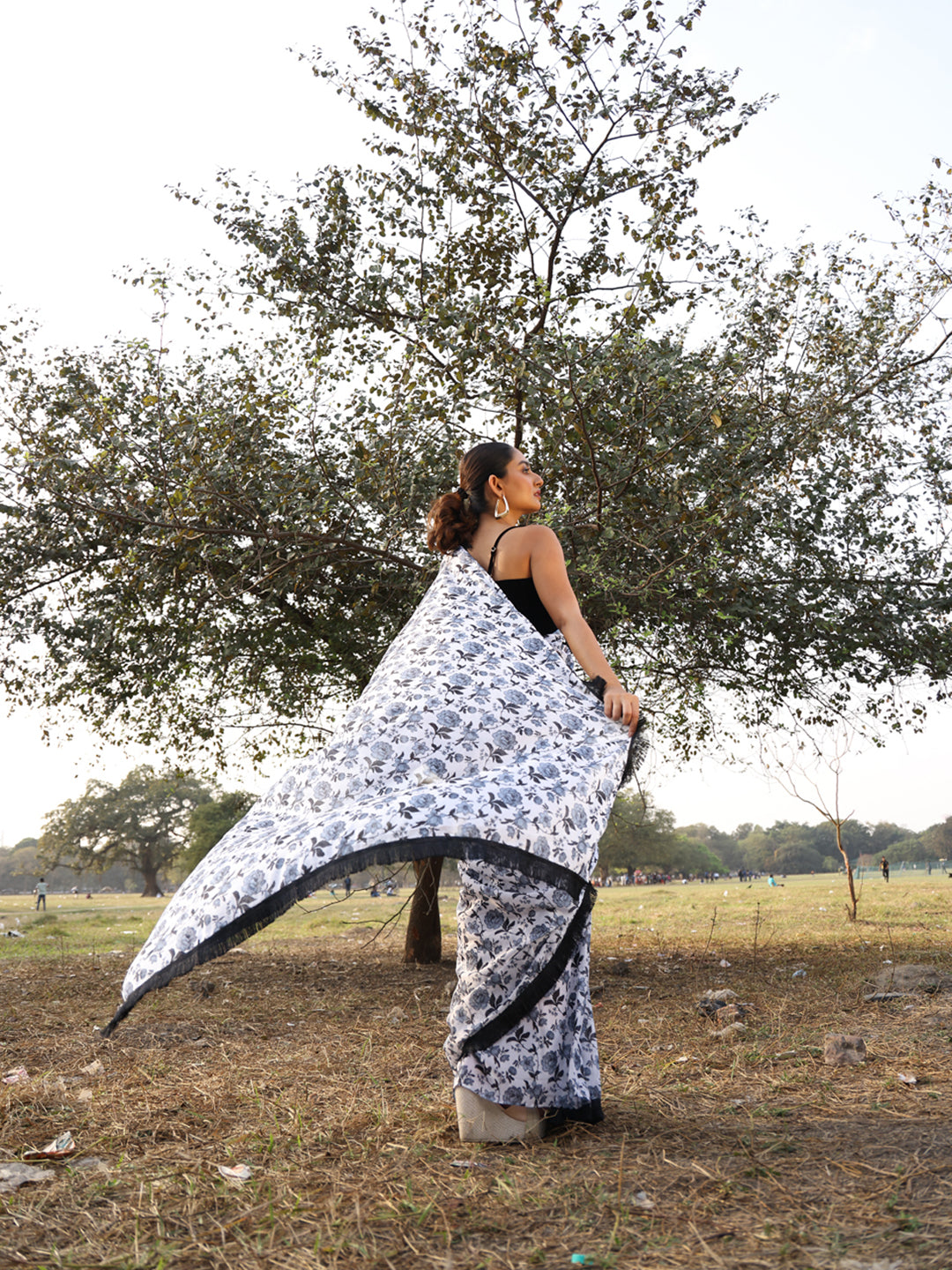 White & Black Floral printed Saree with blouse