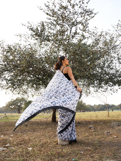 White & Black Floral printed Saree with blouse