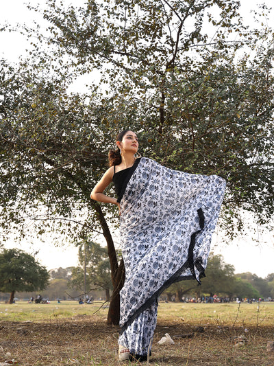 White & Black Floral printed Saree with blouse