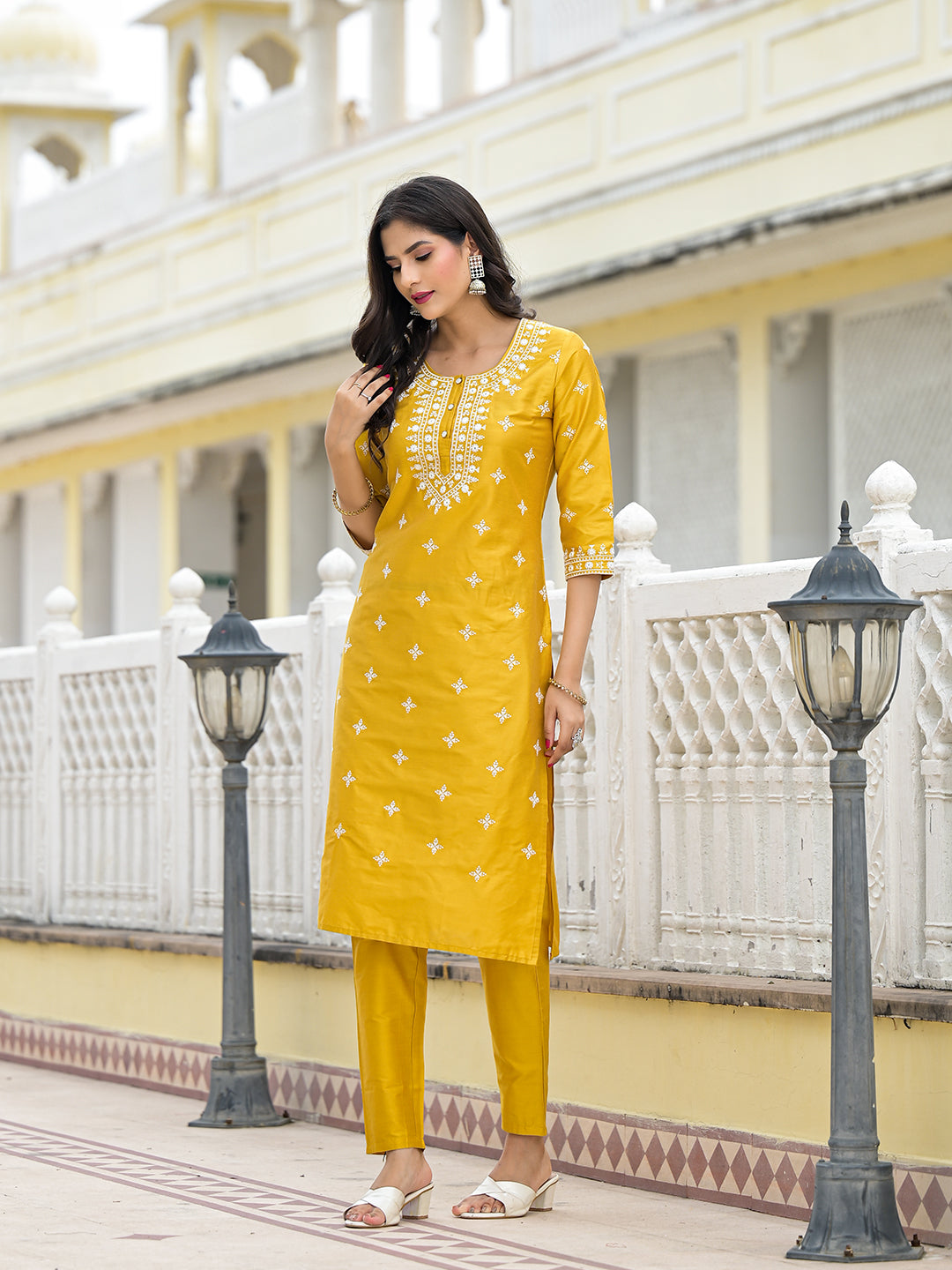 Mustard Kurta Set with Thread Embroidery