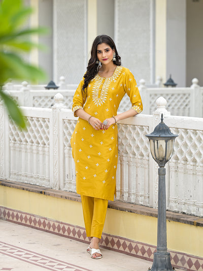 Mustard Kurta Set with Thread Embroidery