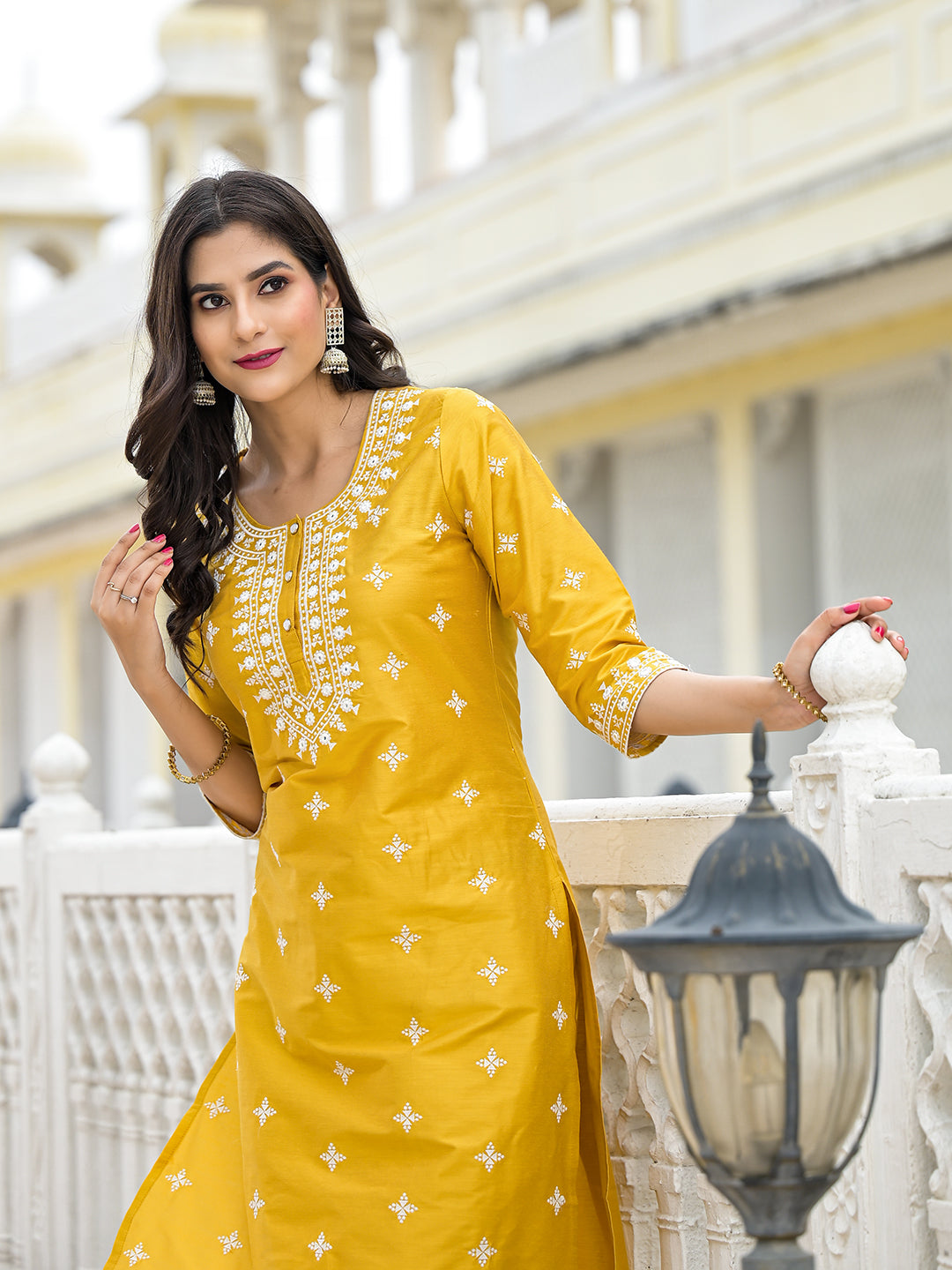 Mustard Kurta Set with Thread Embroidery