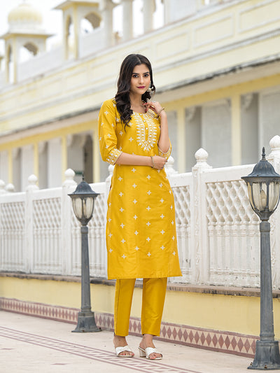 Mustard Kurta Set with Thread Embroidery