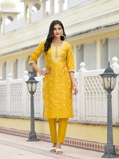 Mustard Kurta Set with Thread Embroidery