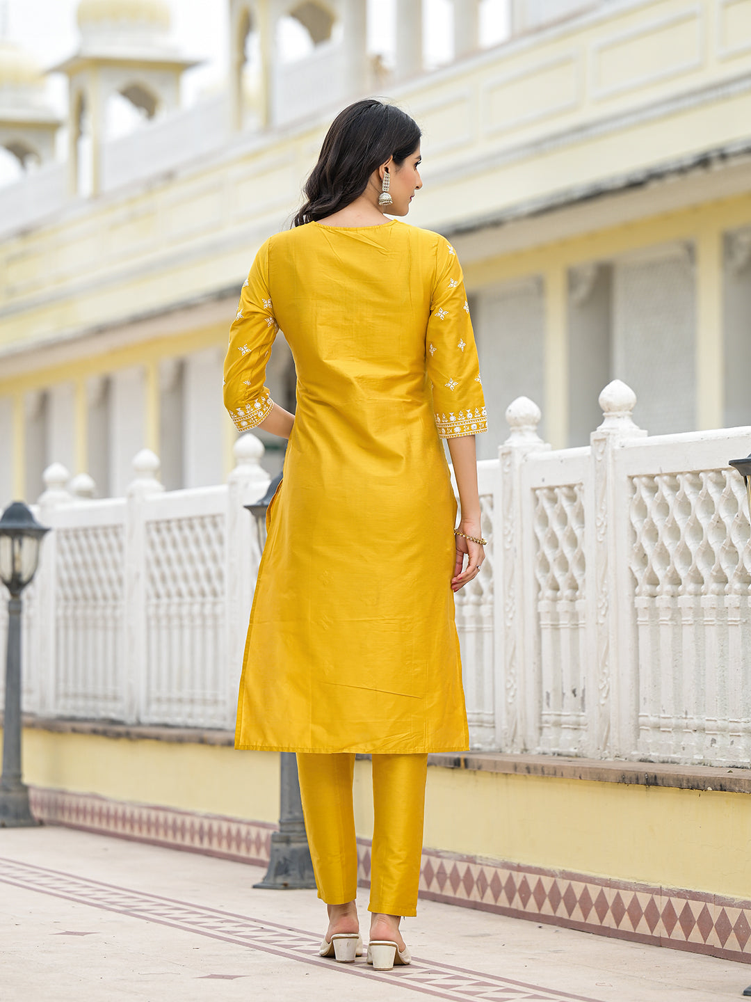 Mustard Kurta Set with Thread Embroidery