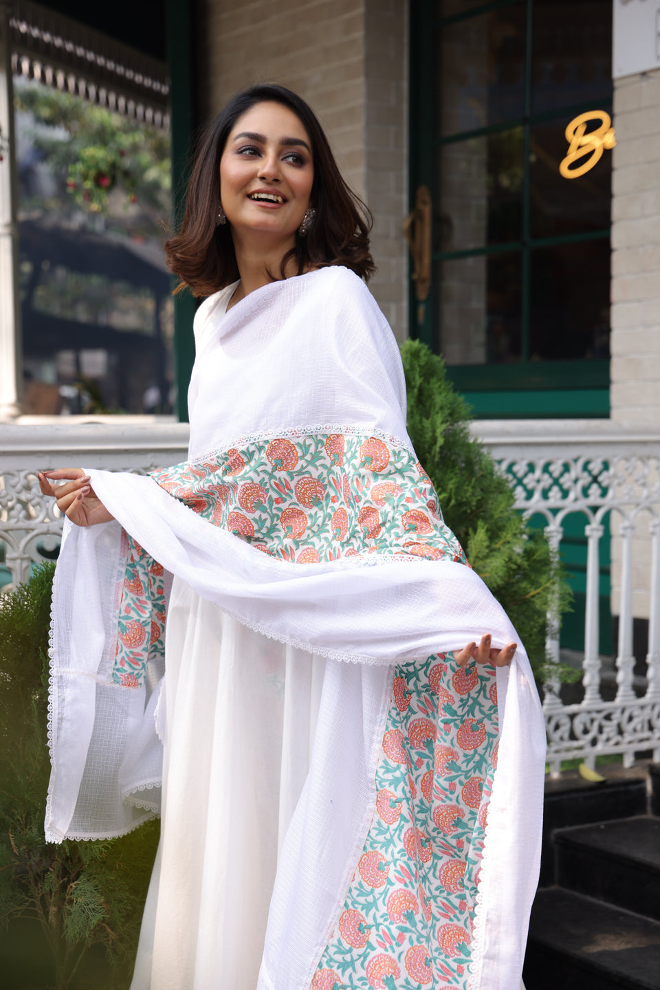 White Floor length Anarkali with Dupatta