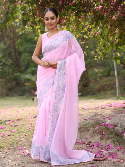 Powder Pink Organza Saree with Border