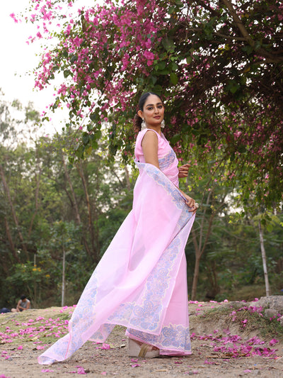 Powder Pink Organza Saree with Border