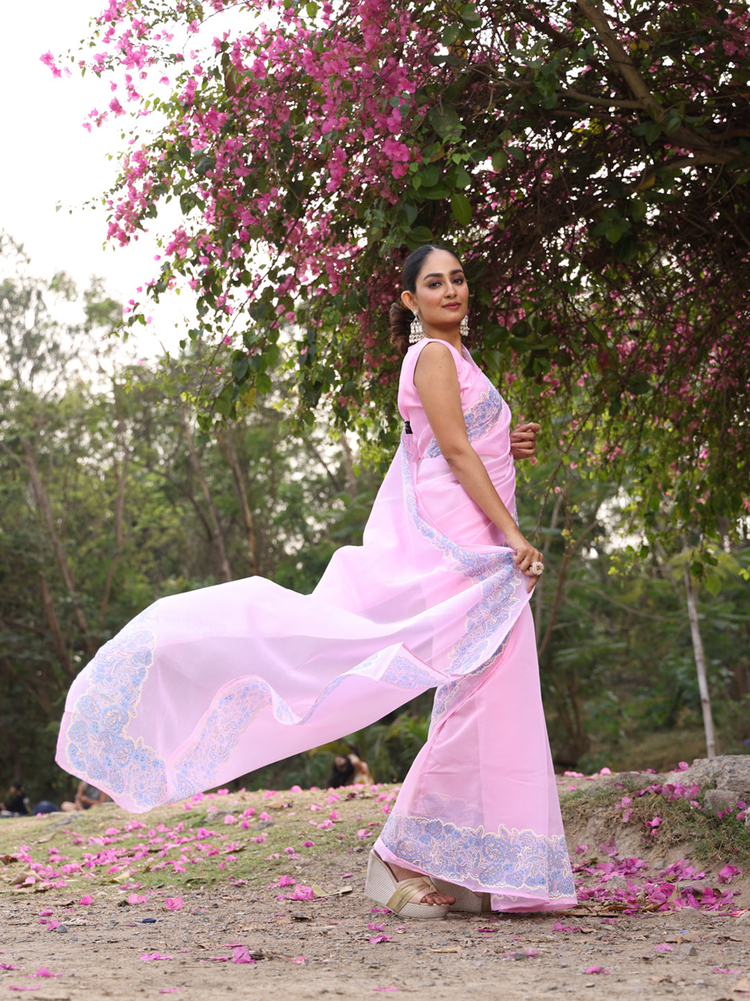 Powder Pink Organza Saree with Border