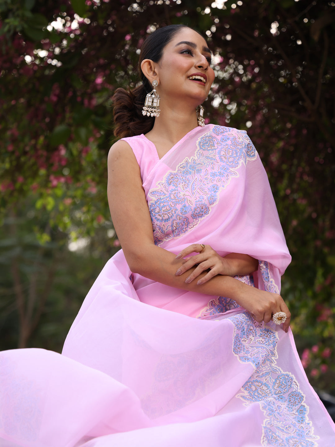 Powder Pink Organza Saree with Border