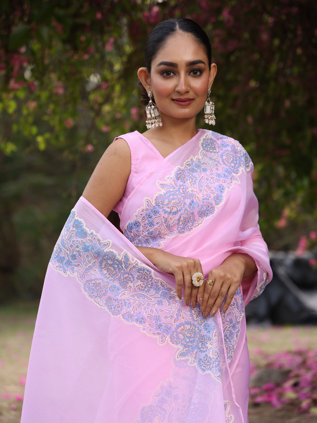 Powder Pink Organza Saree with Border