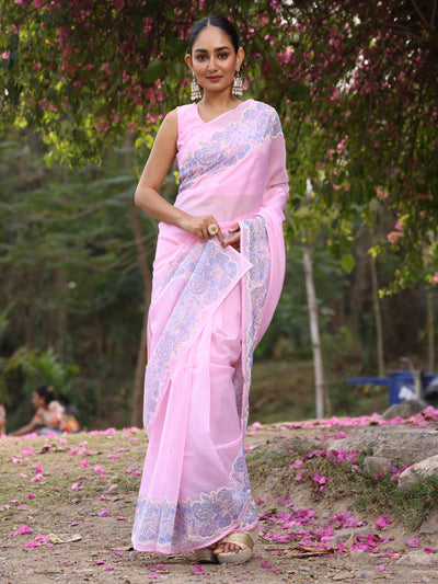 Powder Pink Organza Saree with Border