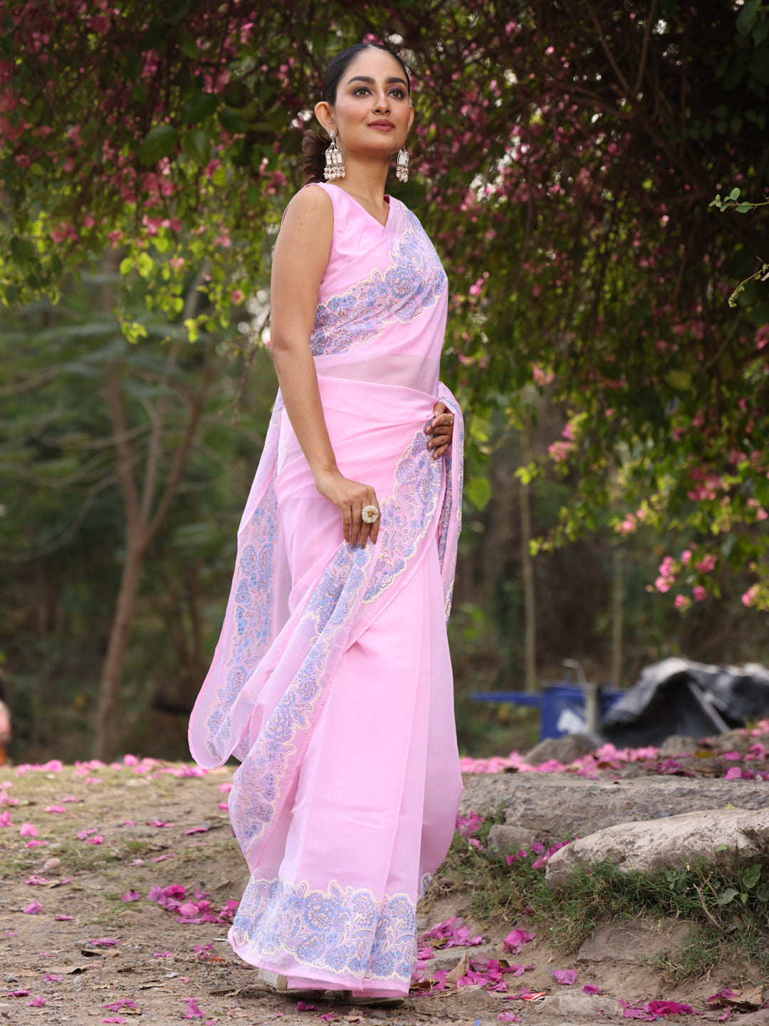 Powder Pink Organza Saree with Border