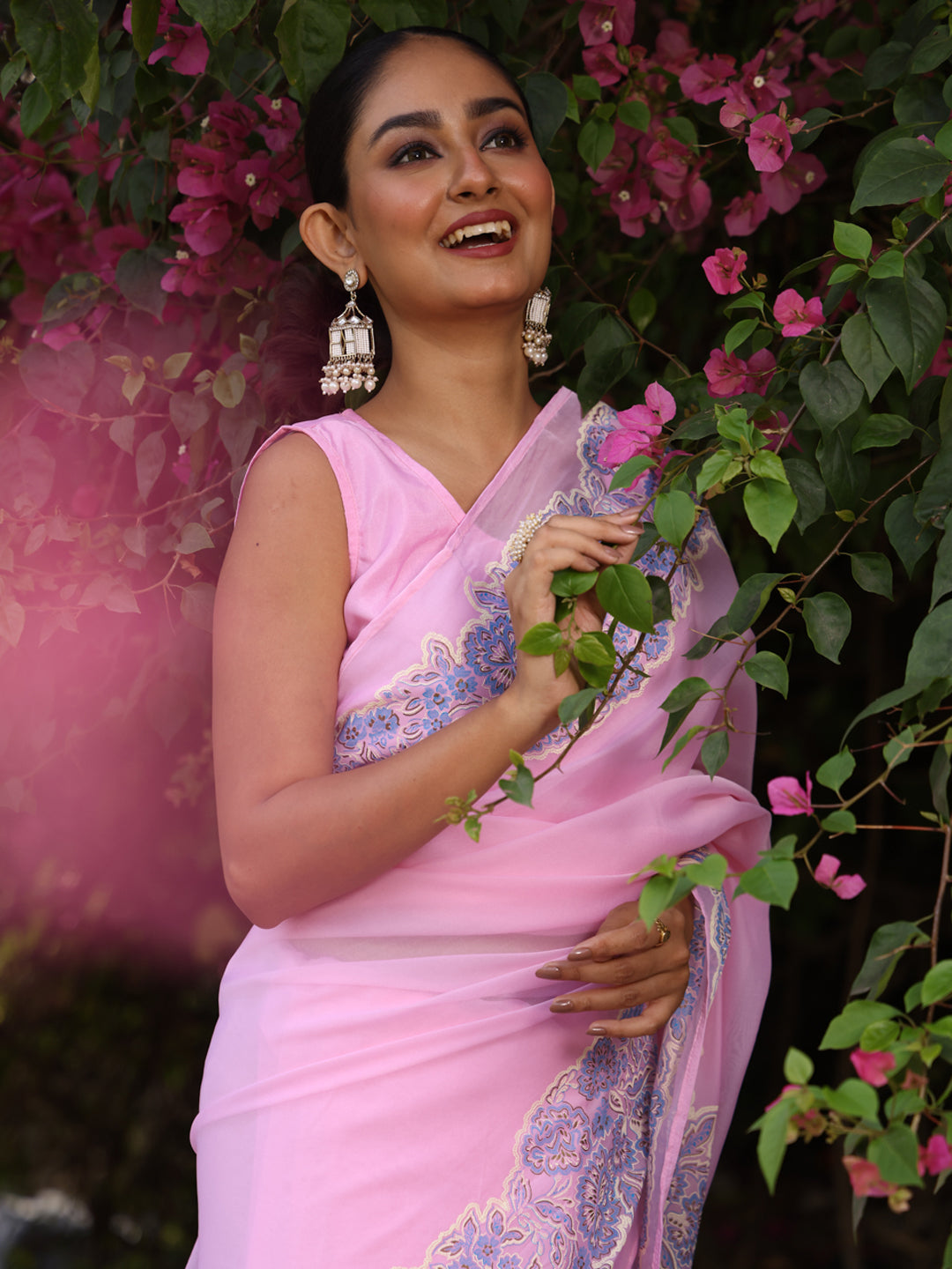 Powder Pink Organza Saree with Border