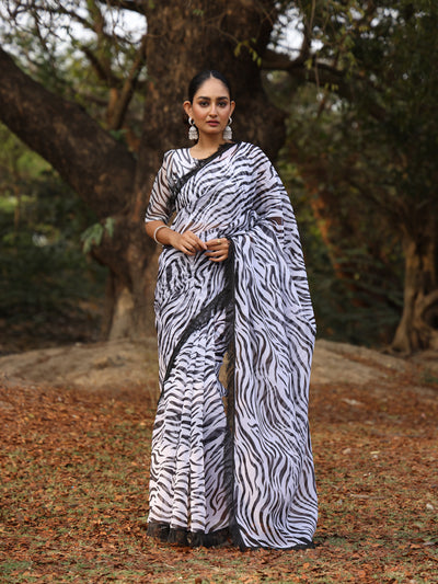 Zebra Print Organza  Saree with Fringes