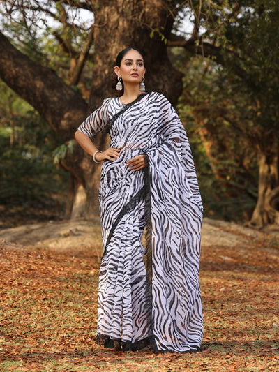 Zebra Print Organza  Saree with Fringes