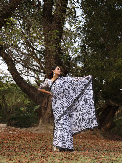 Zebra Print Organza  Saree with Fringes