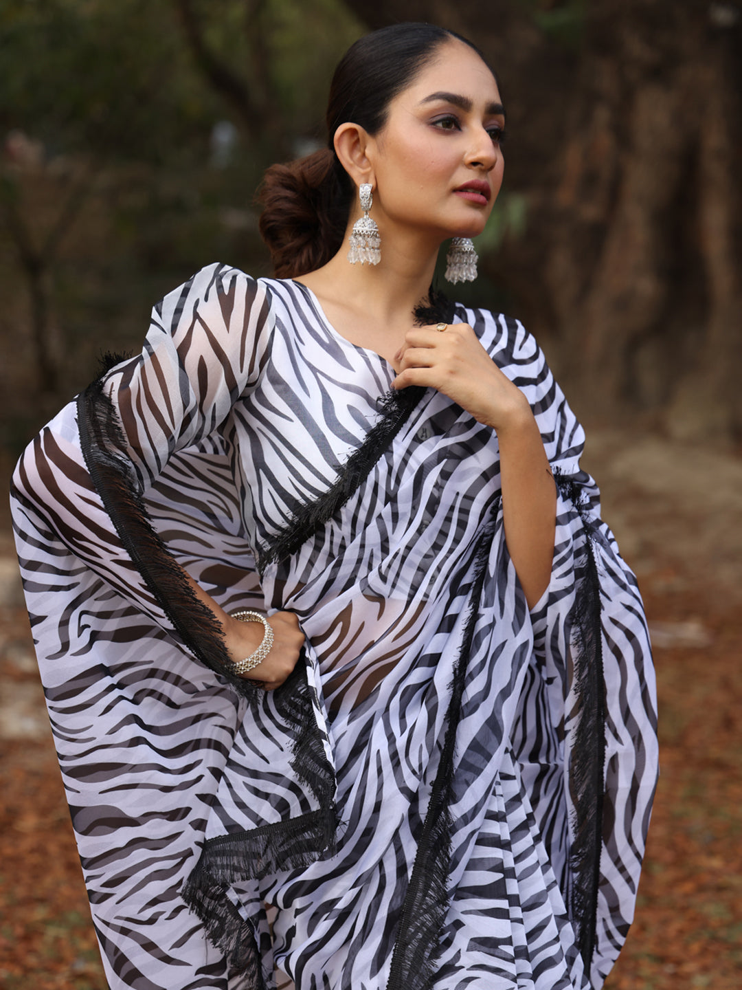 Zebra Print Organza  Saree with Fringes