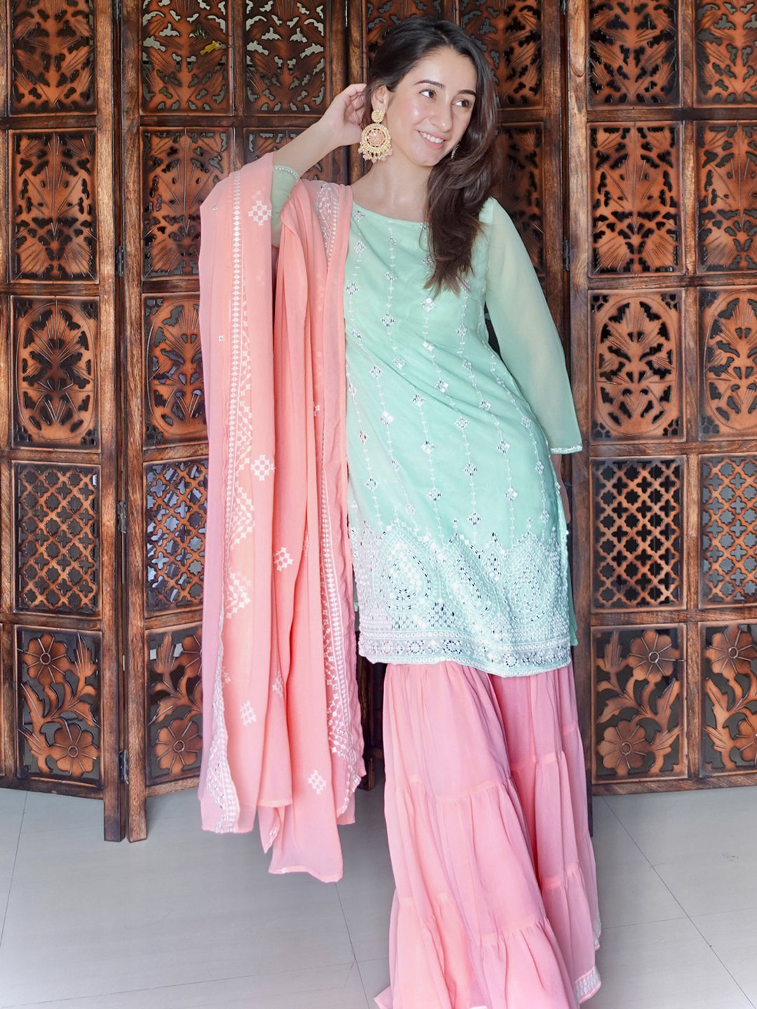 Mint & Peach Mirror Work Sharara Kurta Set