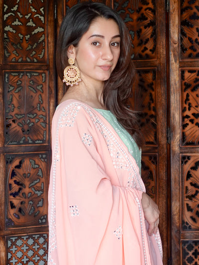 Mint & Peach Mirror Work Sharara Kurta Set