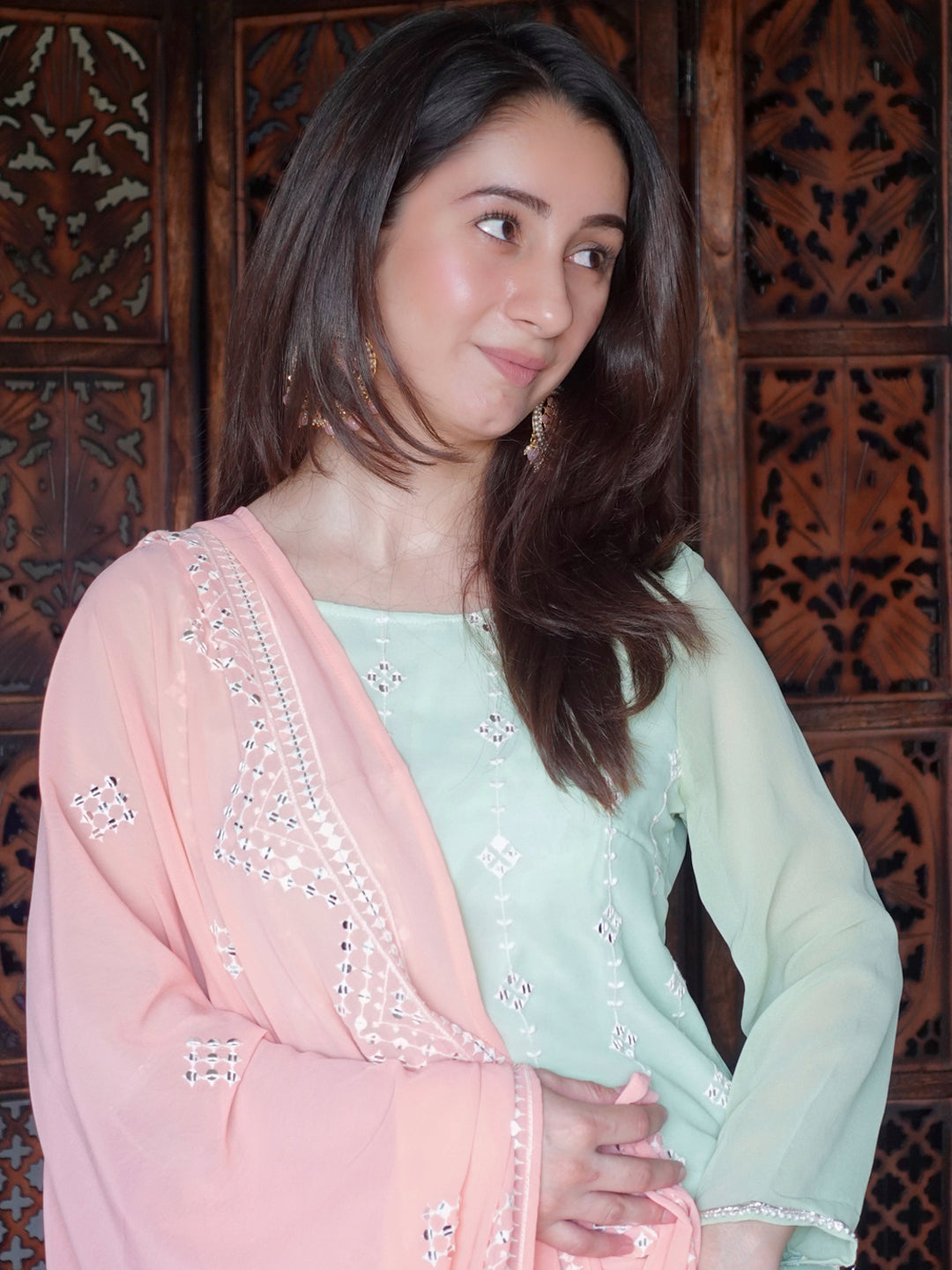 Mint & Peach Mirror Work Sharara Kurta Set