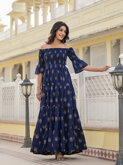 Indigo Off Shoulder tiered Maxi dress