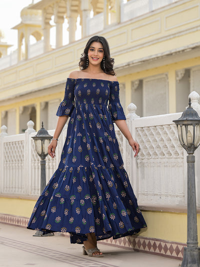 Indigo Off Shoulder tiered Maxi dress