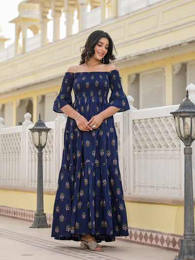 Indigo Off Shoulder tiered Maxi dress