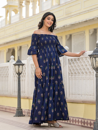 Indigo Off Shoulder tiered Maxi dress