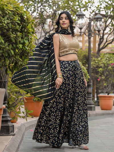 Black & Beige Foil Printed Lehenga Choli