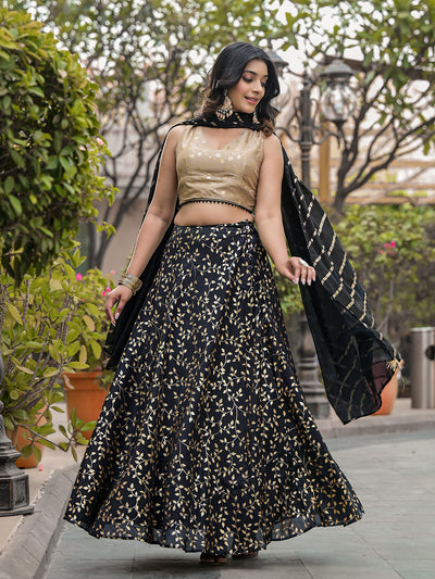 Black & Beige Foil Printed Lehenga Choli