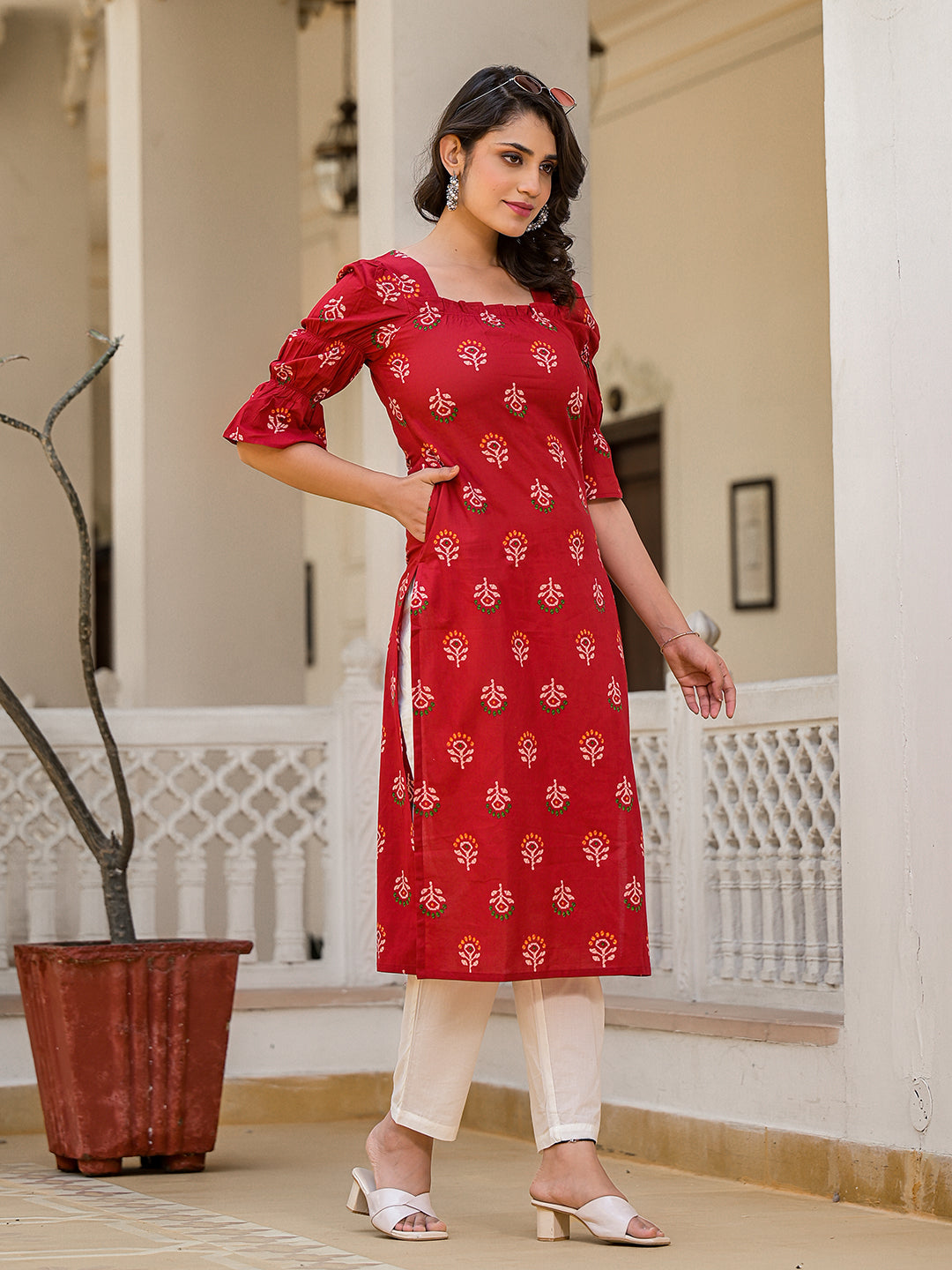 Red Puffed sleeve Kurta wity smocking detail